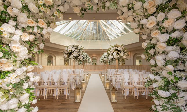 A wedding venue set up for an evening reception in Dubai